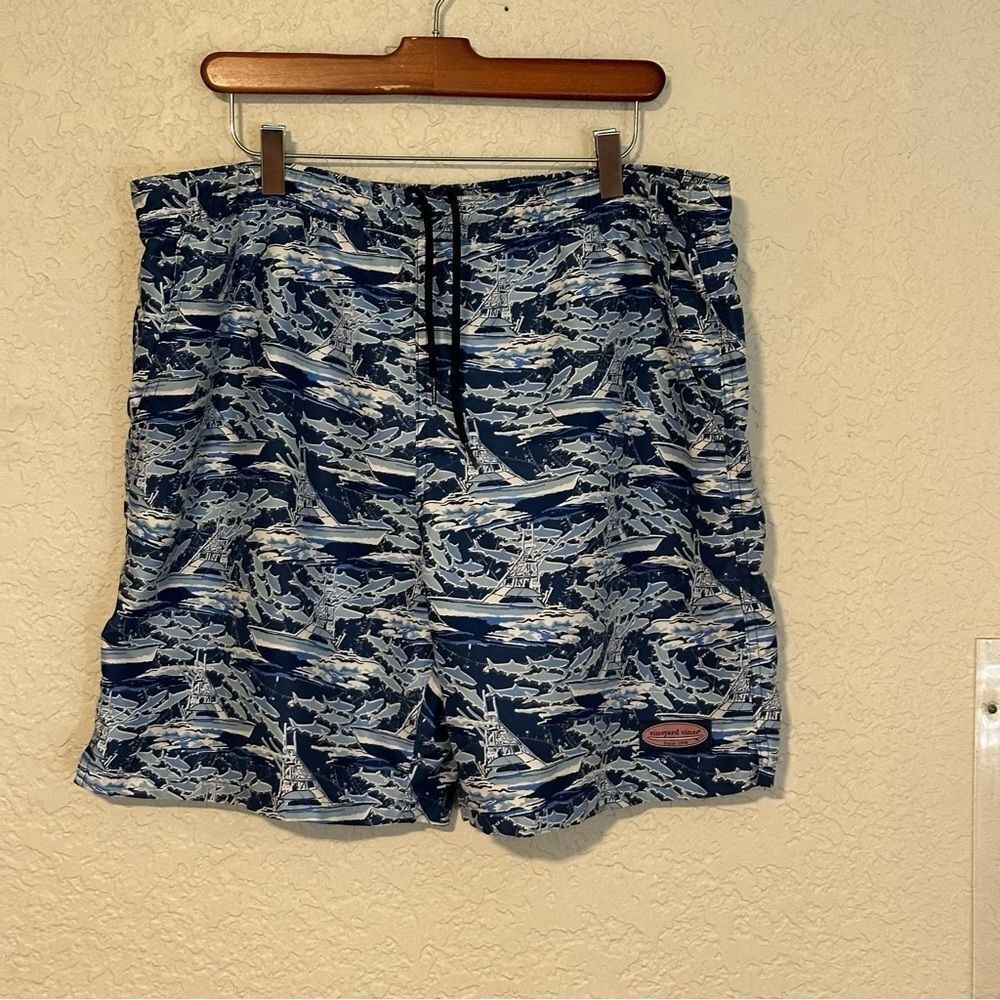 Vineyard Vines Swim Trunks M Blue Shark Boat Print Chappy Shorts Fishing Beach - Picture 8 of 11